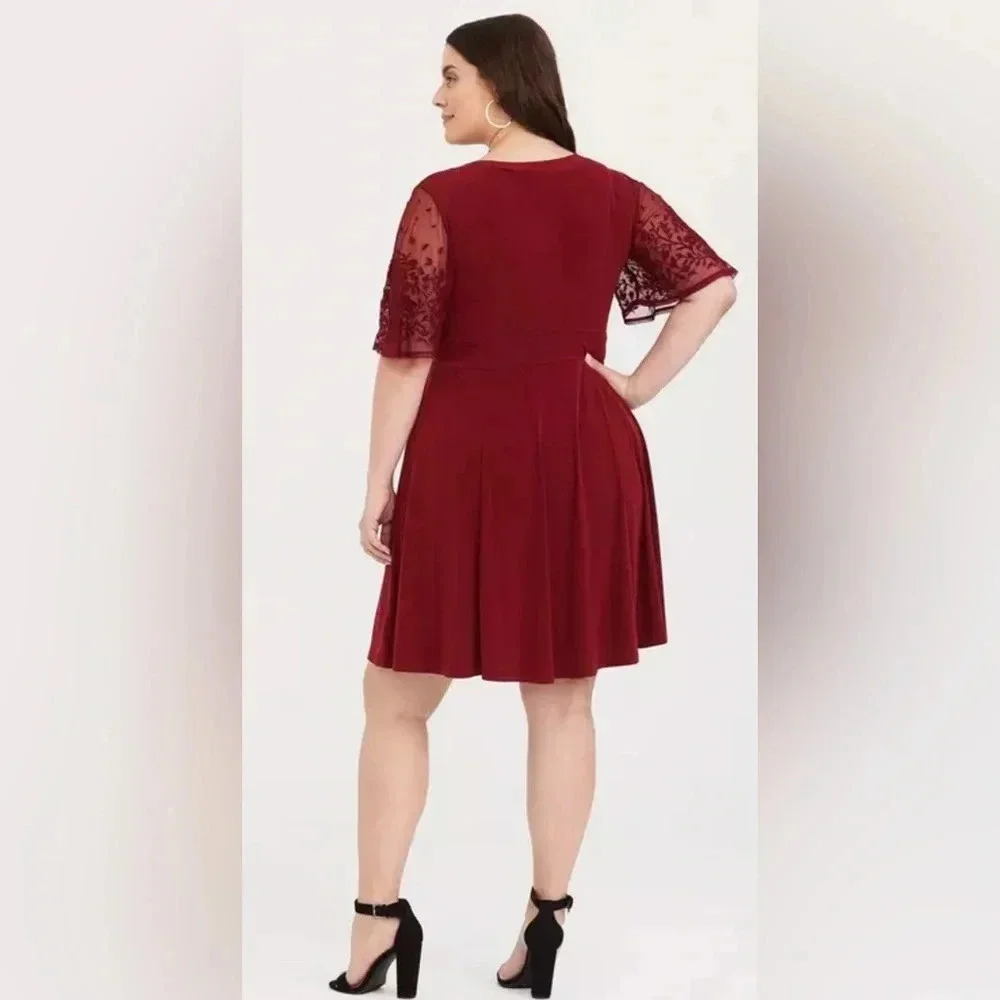 Torrid | Red Lace Sleeve Studio Knit Skater Dress | 2X - Picture 2 of 11